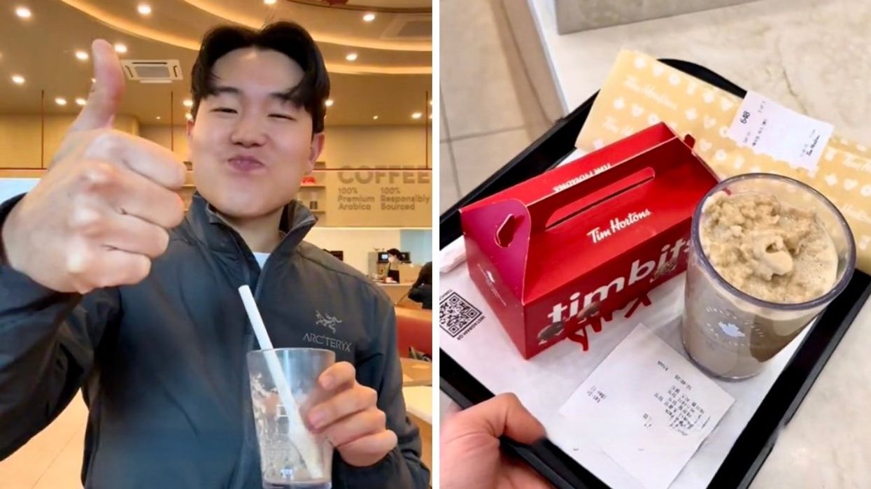 A Canadian-Korean TikTok creator enjoying an Iced Capp, Timbits and a sandwich at Tim Hortons in South Korea.