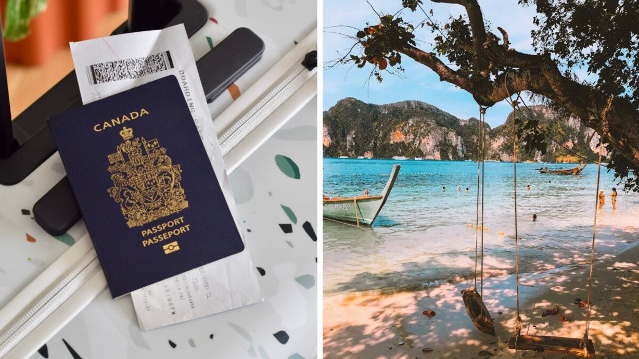 A Canadian passport and boarding pass sit ready for departure. Right: A beach swing hangs from a tree on a tropical shoreline in Thailand.