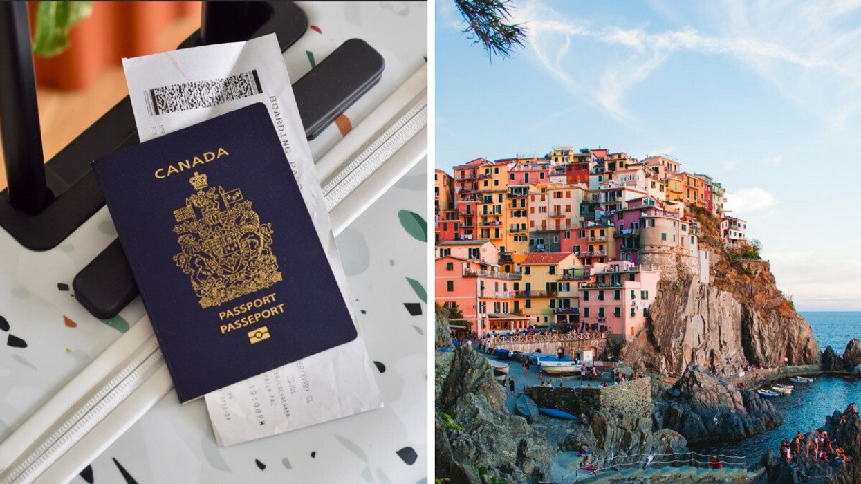 A Canadian passport rests on a patterned suitcase. Right: The sun-soaked cliffs of Cinque Terre, Italy.