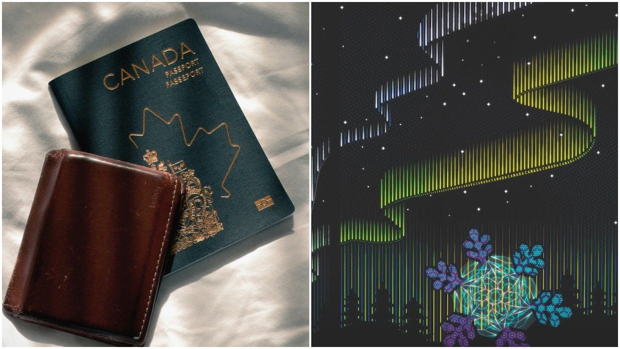 A Canadian passport. Right: A Canadian passport page under UV light.
