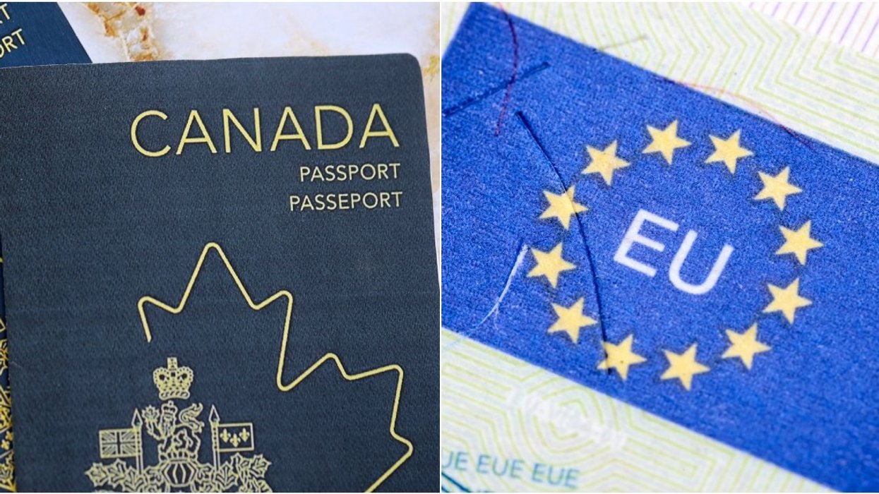 A Canadian passport. Right: A EU stamp.