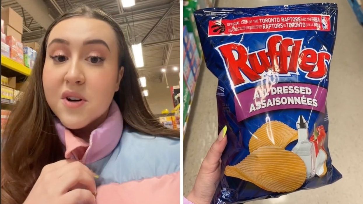 A Canadian TikToker wearing a pink and blue winter coat. Right: A Canadian TikToker holding a bag of Ruffles all-dressed chips.