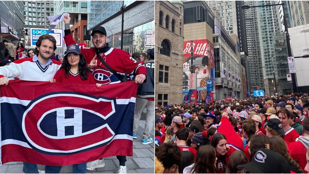 A Canadiens playoff game watch party outside the Bell Centre.