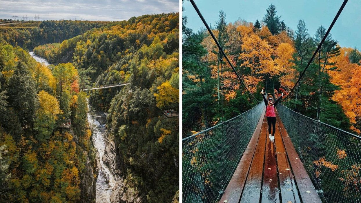 A canyon in Quebec. Right: A person walks on a bridge over a canyon in Quebec.