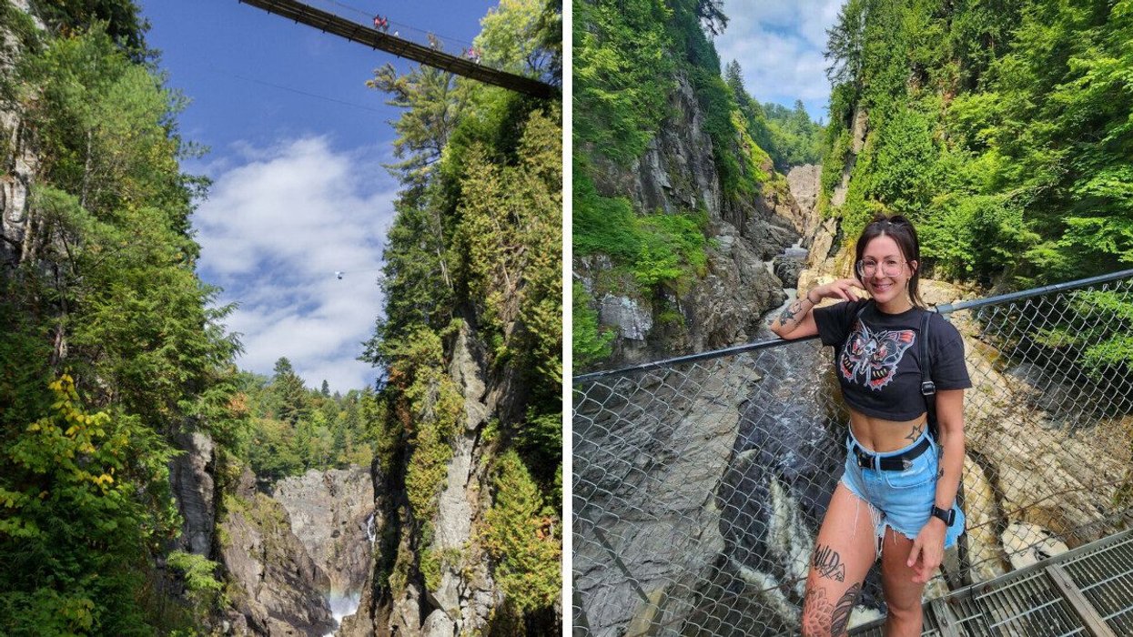 A canyon with a bridge over it. A person standing on a bridge.