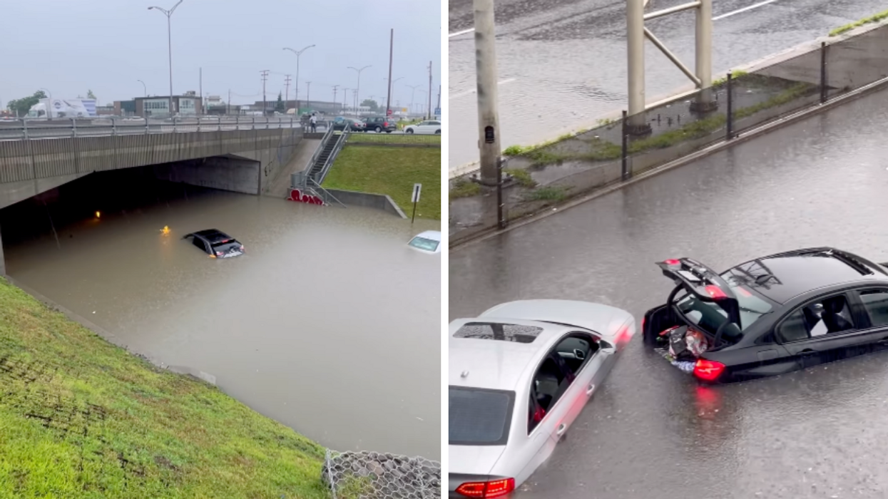 A car covered in water in Montreal. Right: Cars drive in trunk-high water in Montreal.