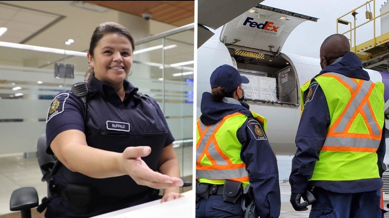 A CBSA worker at the customs desk, Right: Two CBSA workers verifying a FedEx Express plane.