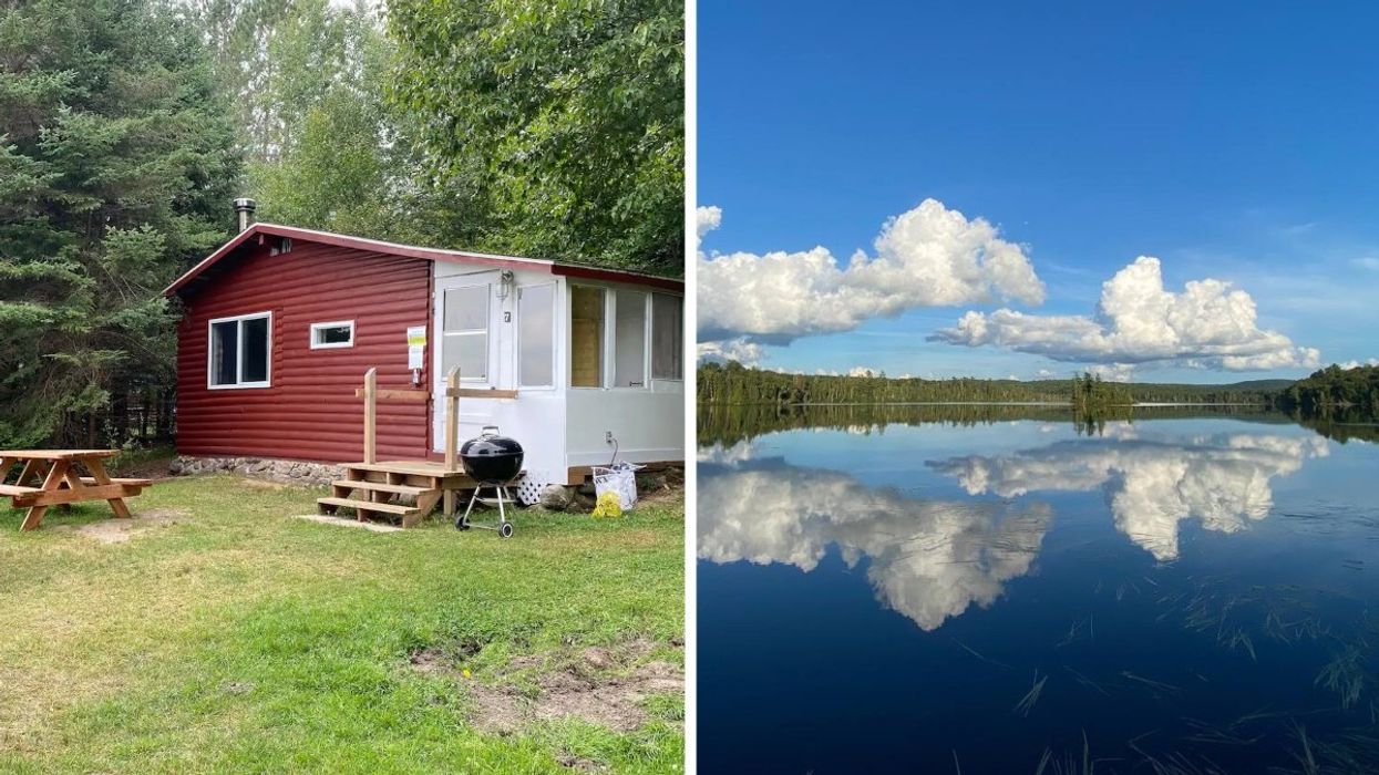A chalet for rent in Quebec, Right: The view of a lake mirroring trees and clouds in Quebec's Laurentians.