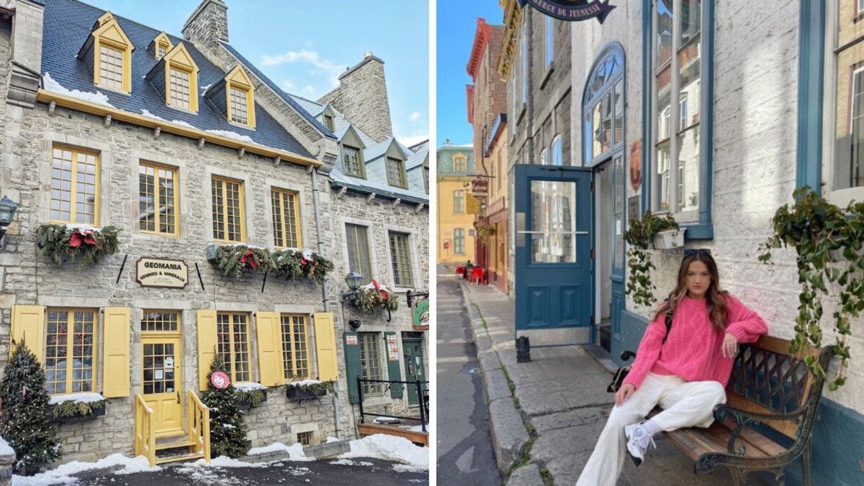A charming old building in Quebec City. Right: A woman poses in Quebec City.