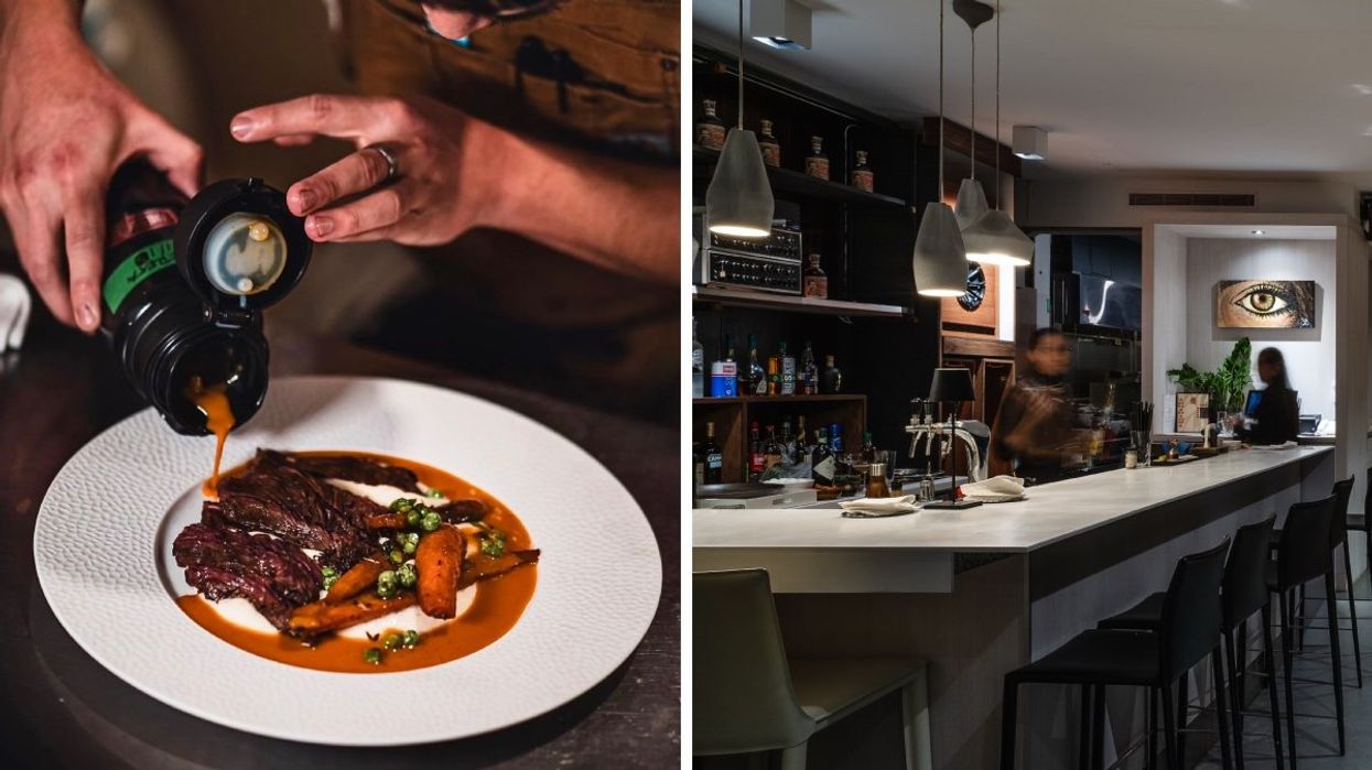 A chef preparing a filipino dish from Junjun in Montreal. Right: The interior of Montreal restaurant Junjun in Griffintown.
