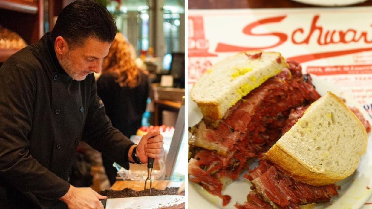 A chef slicing smoked meat at Reuben's Deli in Montreal. Right: A Montreal smoked meat sandwich from Schwartz's Deli.