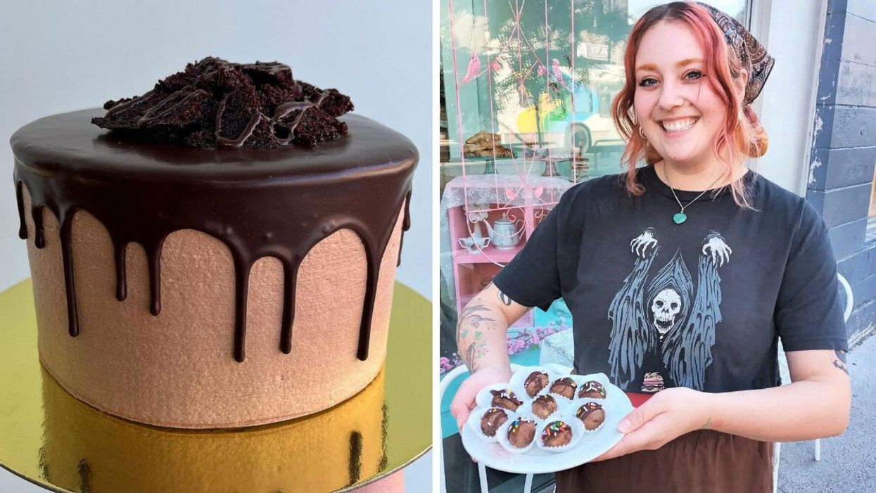 A chocolate cake dripping with icing. Right: Someone wearing a bandana and black shirt with a grim reaper about to pounce on a slice of cake holds up a plate of dessert bites covered in sprinkles.
