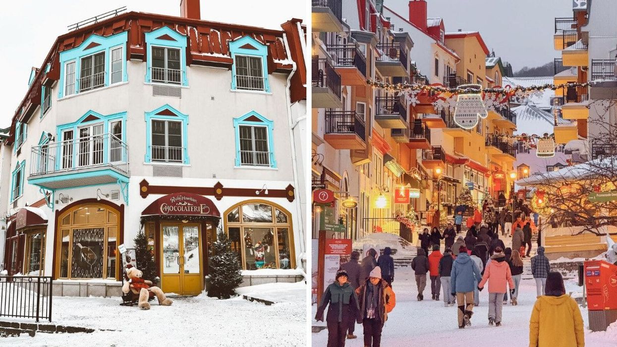 A chocolate store at Christmas. Right: A street during Christmas.