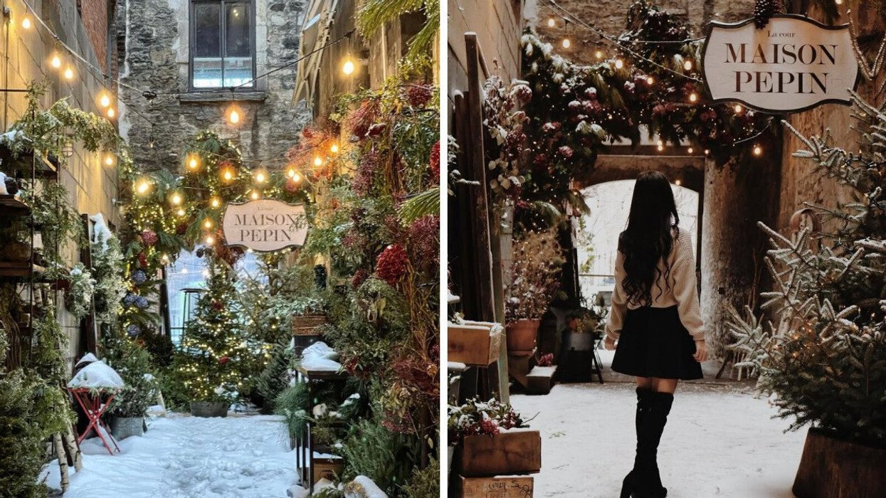 A Christmas alleyway in Montreal. Right: A person in a decorated alleyway in Montreal.