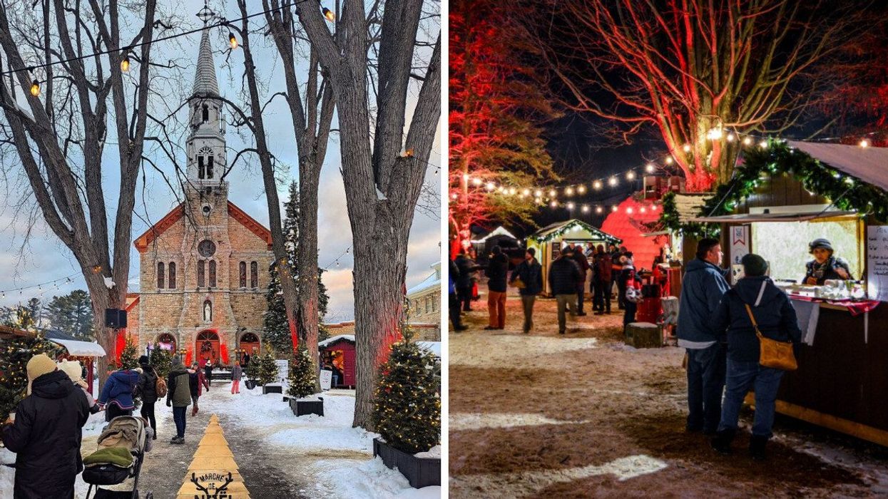 A Christmas market in a village in Quebec. Right: Holiday lights at a Quebec Christmas market.