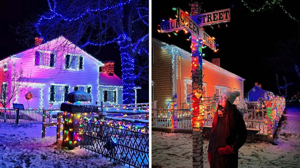 A Christmas village near Montreal. Right: A person stands in a village near Montreal.