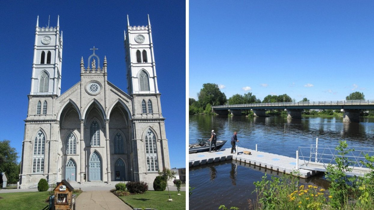A church in a small town in Quebec. Right: A bridge stands over a river in a village in Quebec.