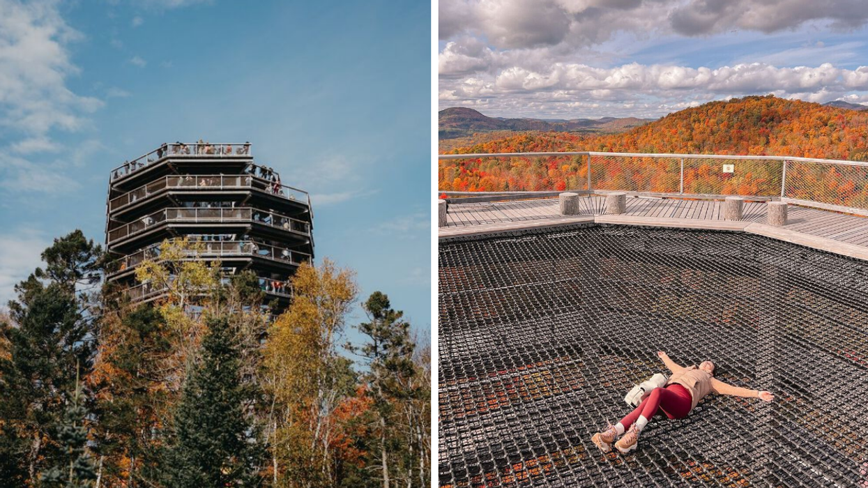 A circular wooden tower with a walking trail. Right: Someone lies in the giant net suspended 40 metres high in the centre of the tower.