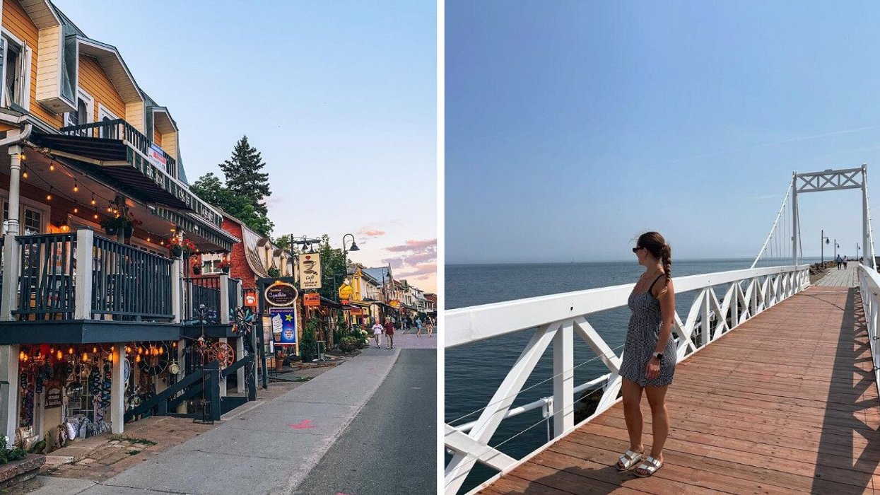 A city in Quebec. Right: A person stands on a bridge in a region in Quebec. 