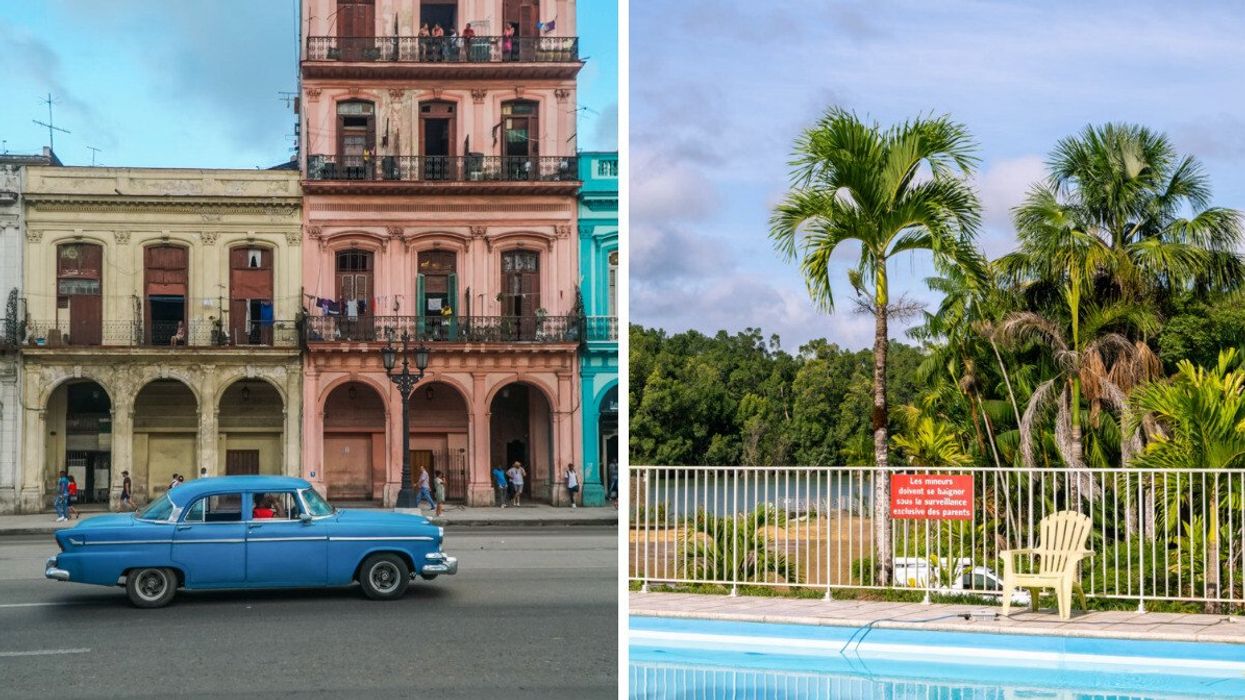 A classic car drives along a street in Havana, Cuba. Right: An empty resort pool in Cuba.
