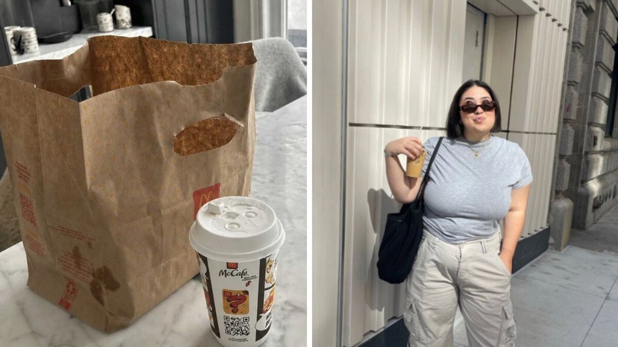 A coffee from McDonald's. Right: A person drinking an iced coffee.