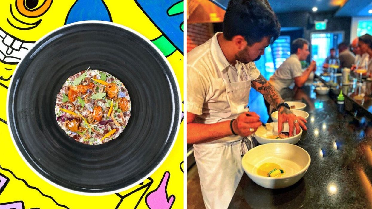 A colourful dish from Les Mômes. Right: A chef prepares plates at Cabaret L'enfer.