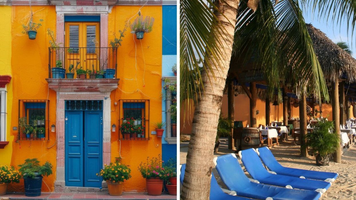 A colourful house in Mexico City surrounded by plants and flowers. Right: A Caribbean beach resort with deck chairs on the sand and a restaurant nearby.