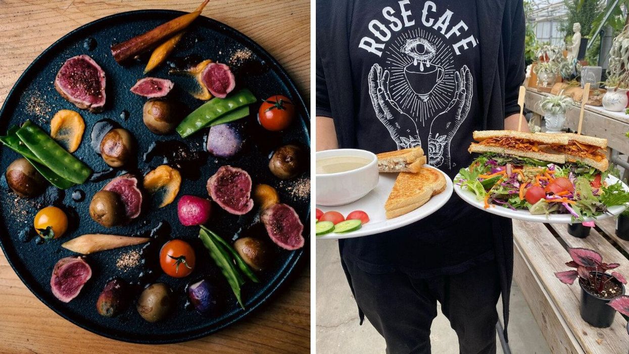 A colourful plate of vegetables. Right: Someone holds plates with sandwiches.