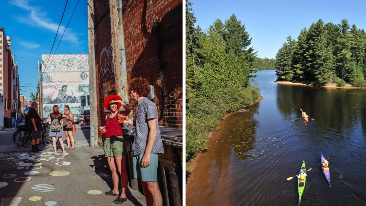 A community gathering on city streets, a mural on the wall in the distance. Right: Three people kayaking.