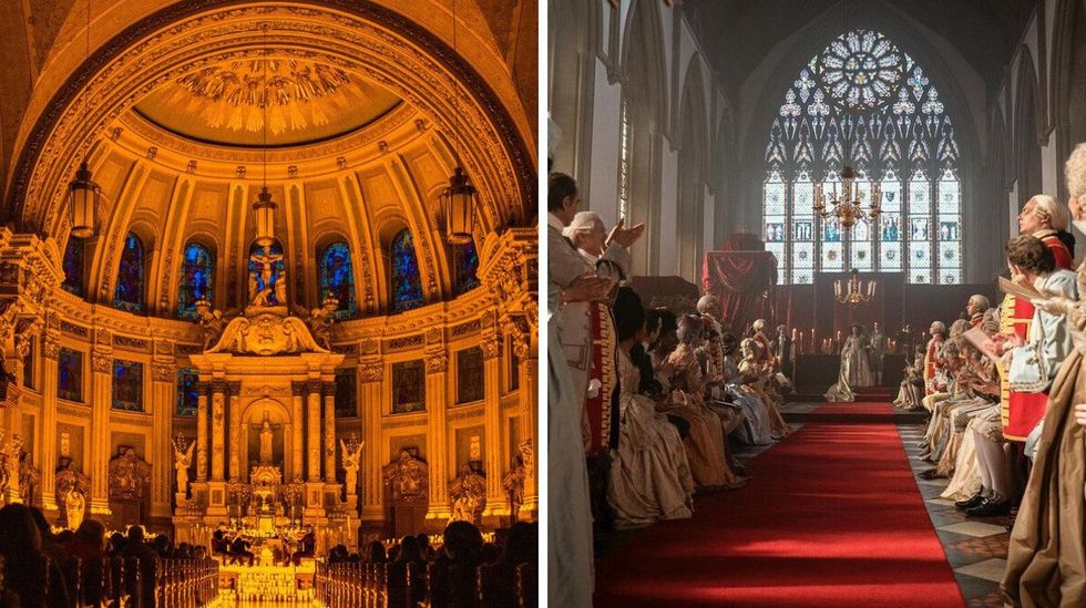 A concert performed by candlelight in the \u00c9glise Notre-Dame des Sept Douleur. Right: Queen Charlotte under a large stained glass window while people in period costumes look down the aisle.