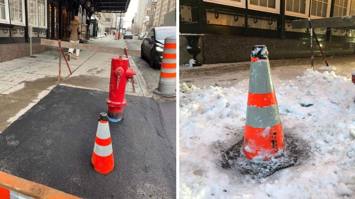A construction cone cemented into the sidewalk on Rue Sherbrooke Ouest in Montreal, Quebec.
