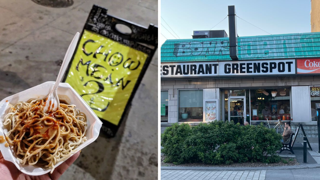 A container of noodles with sauce on them and a yellow sign in the background that reads, "Chow Mein $2." Right: The exterior of a diner-style restaurant with a green roof.