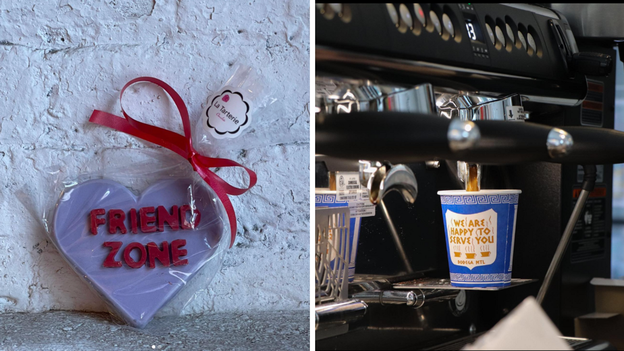 A cookie labelled "friend zone" sits on a café wall. Right: Someone pours coffee at Bodega MTL.