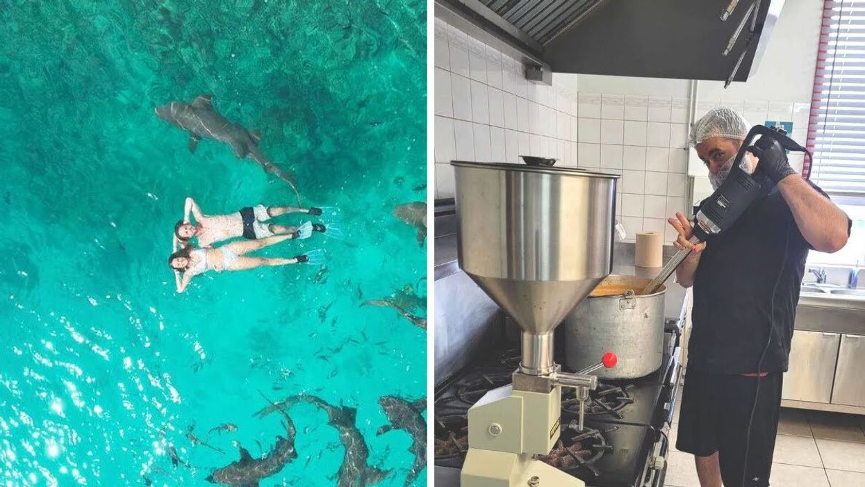 A couple float on their backs in blue water with sharks beneath them. Right; A man makes a peace sign at the camera while blending a huge pan of sauce in a kitchen.