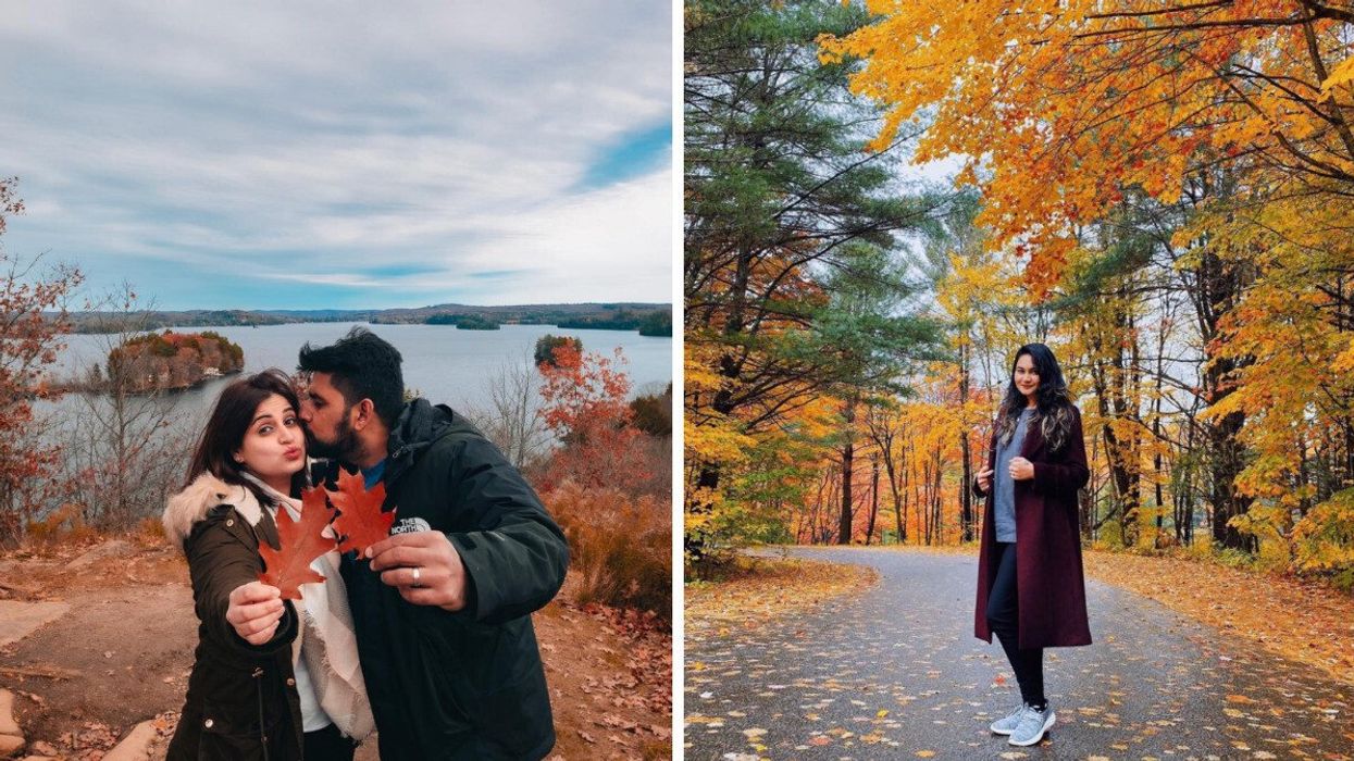 A couple hold up red leaves and pose in Muskoka, Ontario. Right: A woman is surrounded by golden fall foliage in Muskoka.