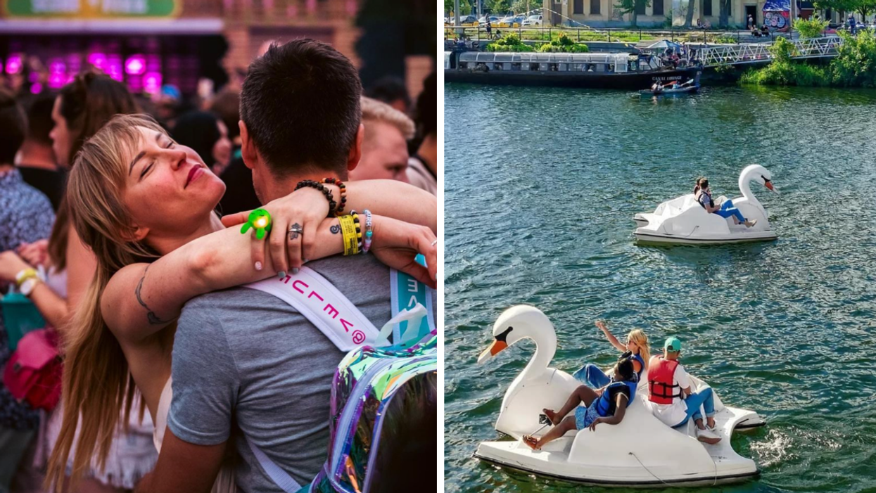 A couple hugging at a concert. Left: Groups of people driving swan boats.