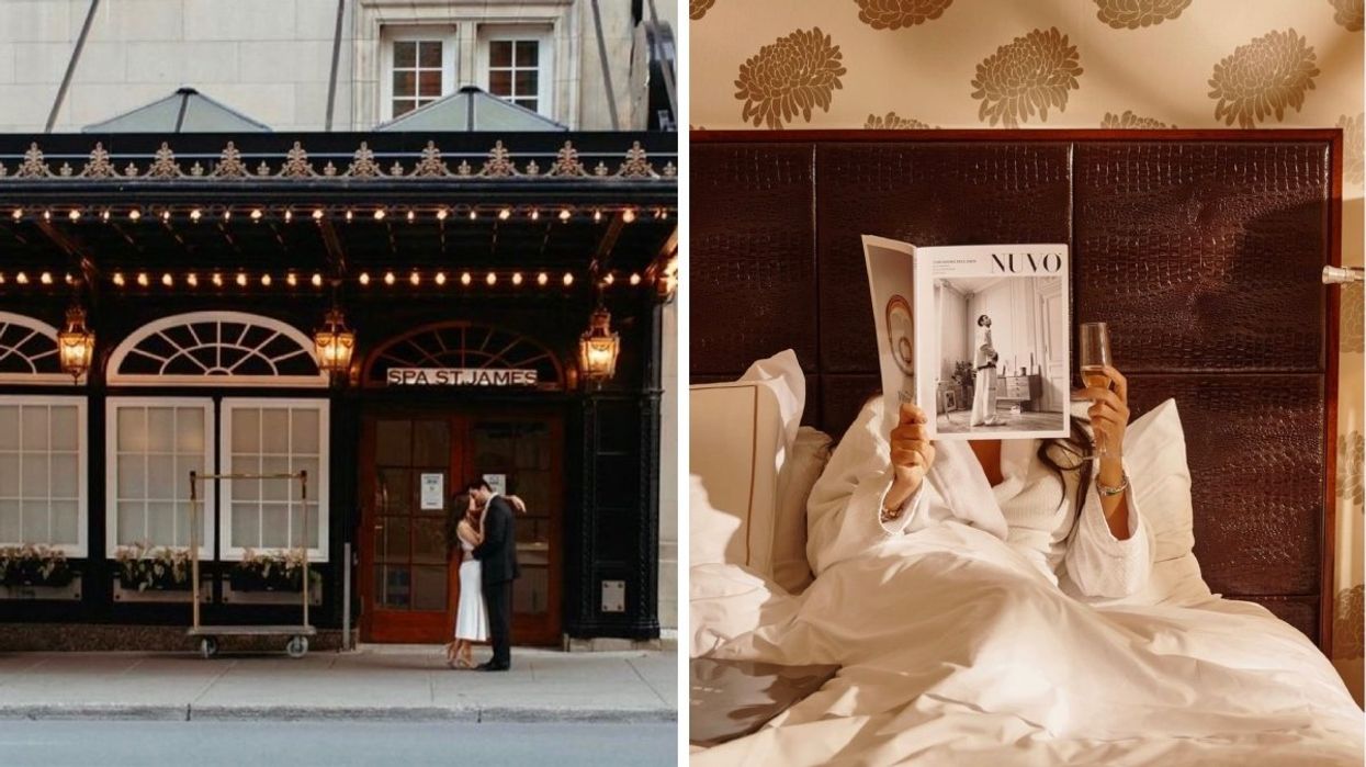 A couple kissing outside of the Ritz Carlton Hotel in Montreal. Right: A person reading the Ritz magazine while sipping on a glass of champagne in bed.