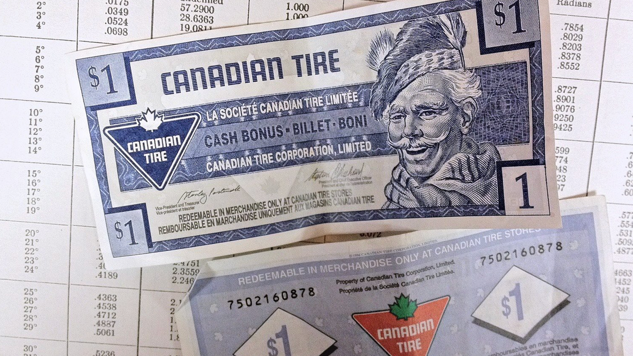 A couple of $1 Canadian Tire bills lay flat on a surface.