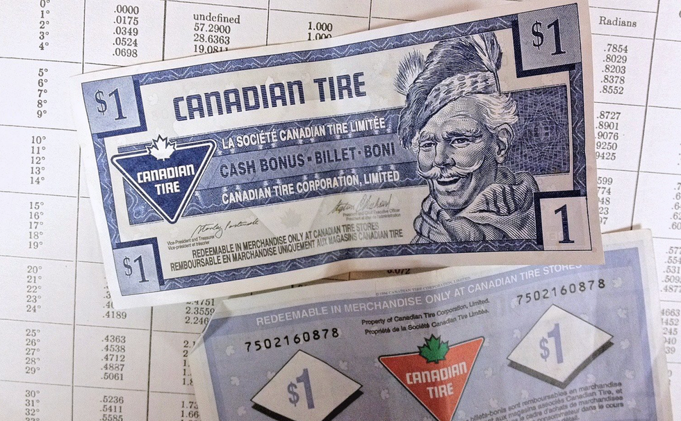 A couple of $1 Canadian Tire bills lay flat on a surface.