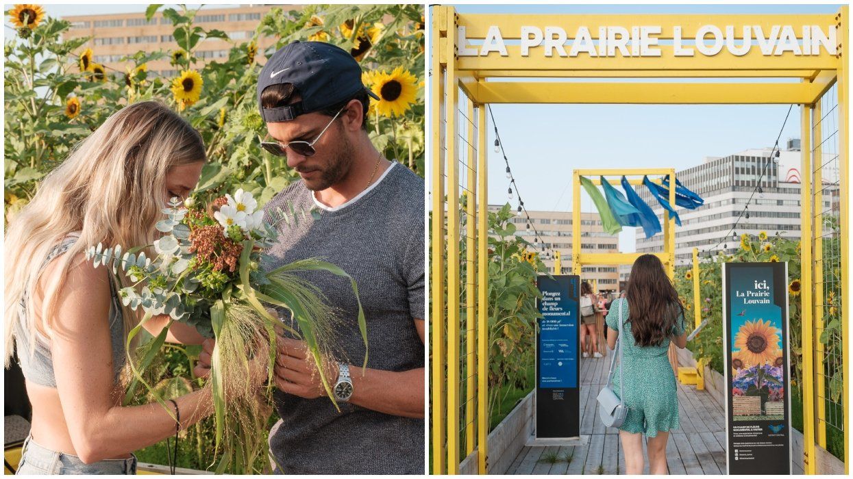 A couple smelling wildflowers picked in Montreal. Right: A girl enters La Prairie Louvain.