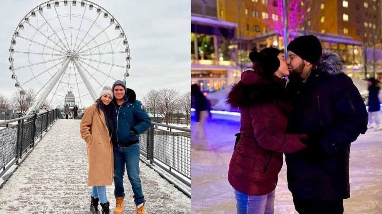 A couple stands in front of Montreal's Grande Roue. Another couple skates on the Esplanade Tranquille.