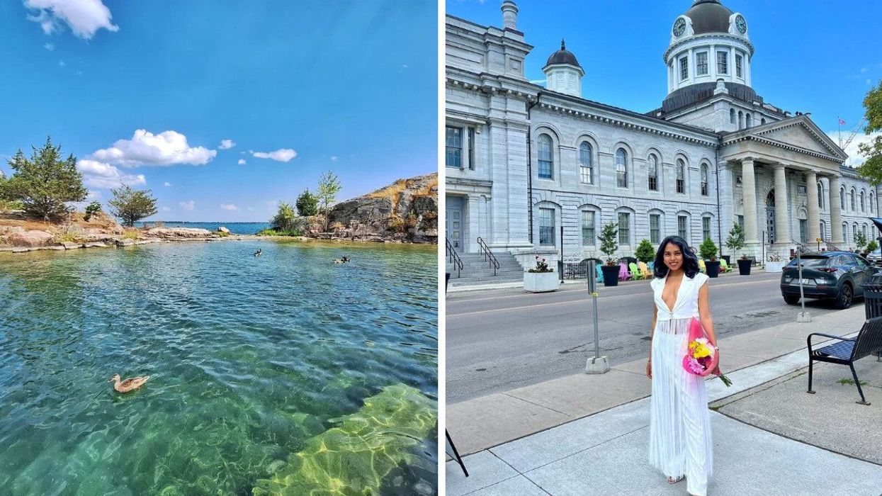 A cove with clear blue water. Right: A person stands in a city in Ontario.