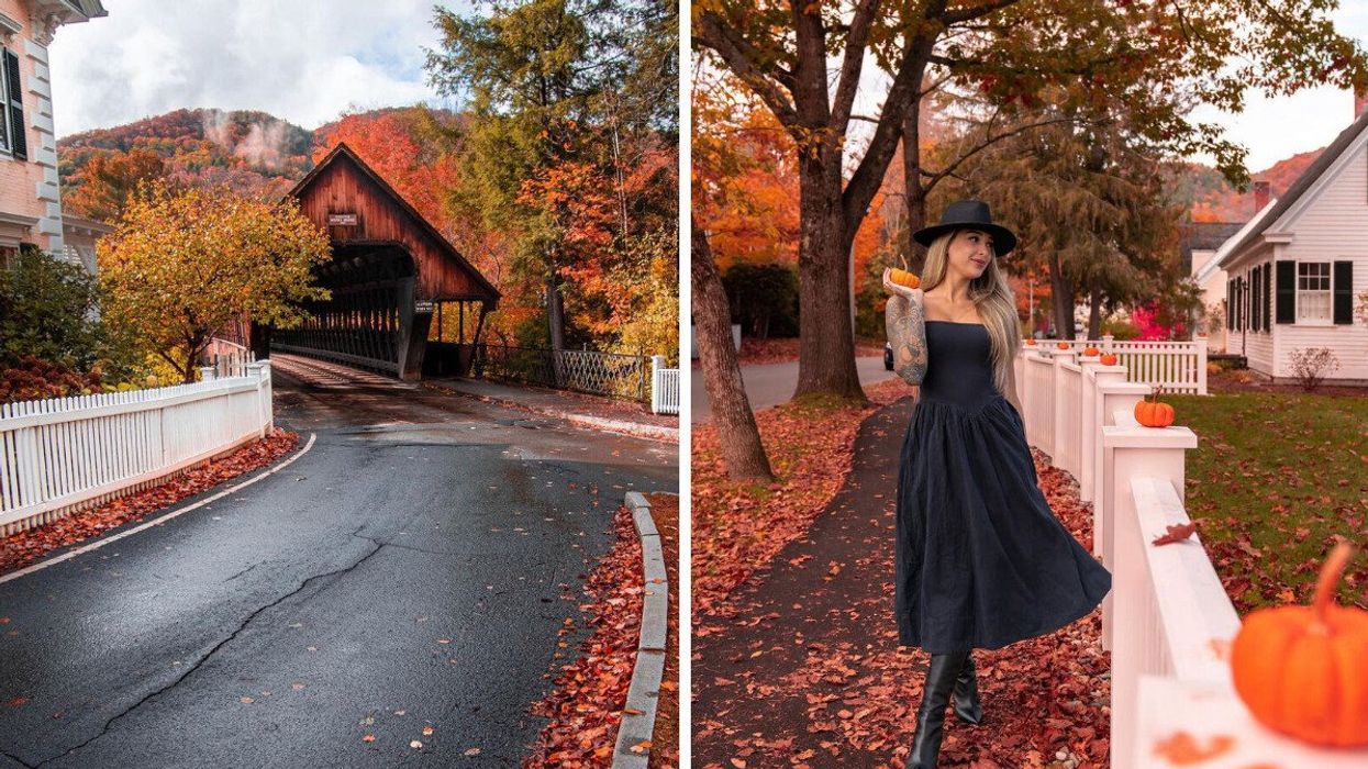 A covered bridge during the fall. Right: A person holding a pumpkin on a street.