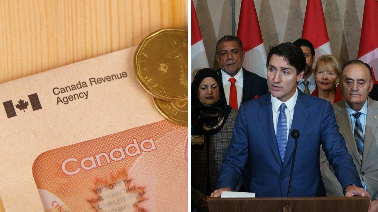 A CRA envelope with Canadian cash inside. Right: Justin Trudeau at a press conference (both illustrative).
