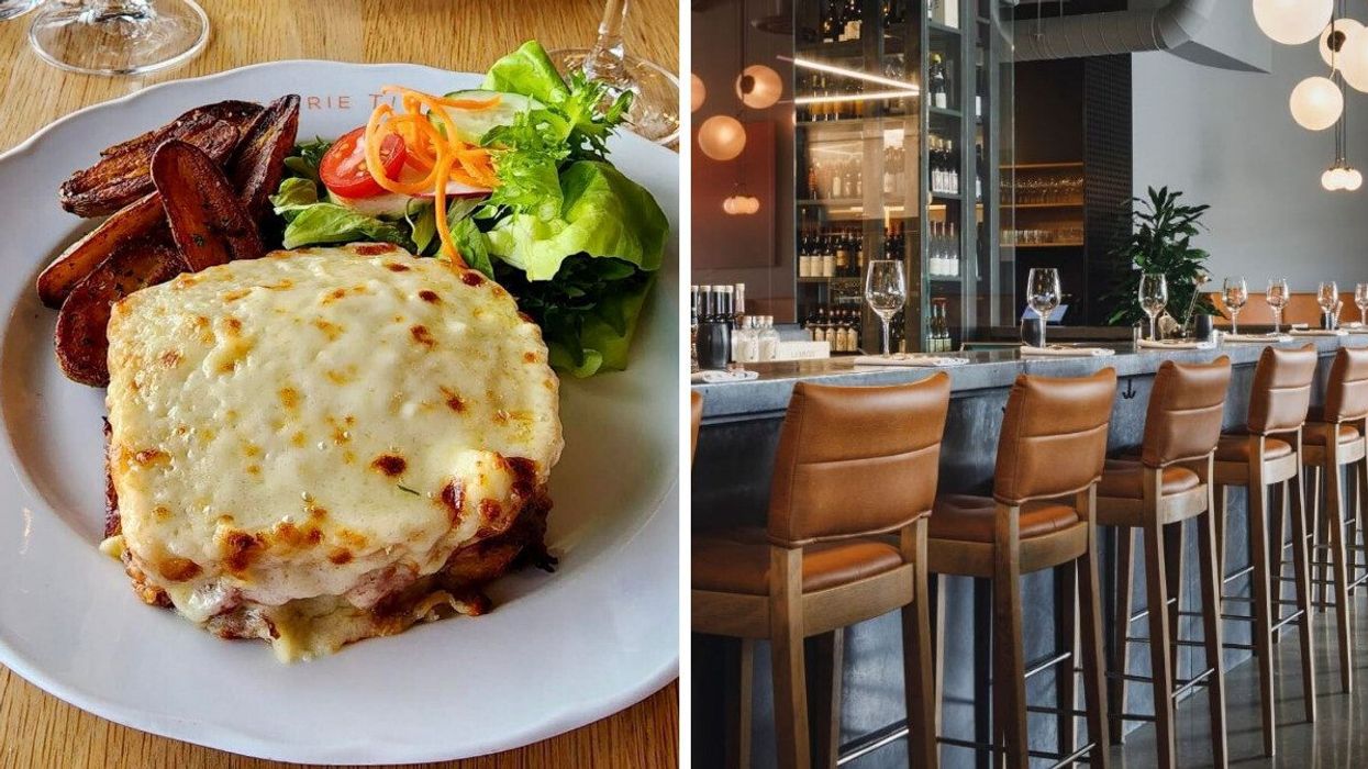 A croque monsieur from Brasserie T. Right: Chairs lined up along the bar.