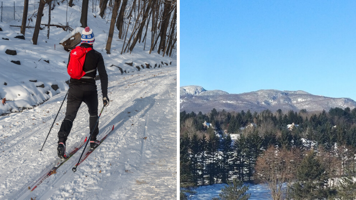 A cross-country skier glides through Mont-Royal park. Right: A snowy view of Mont Orford, Quebec.