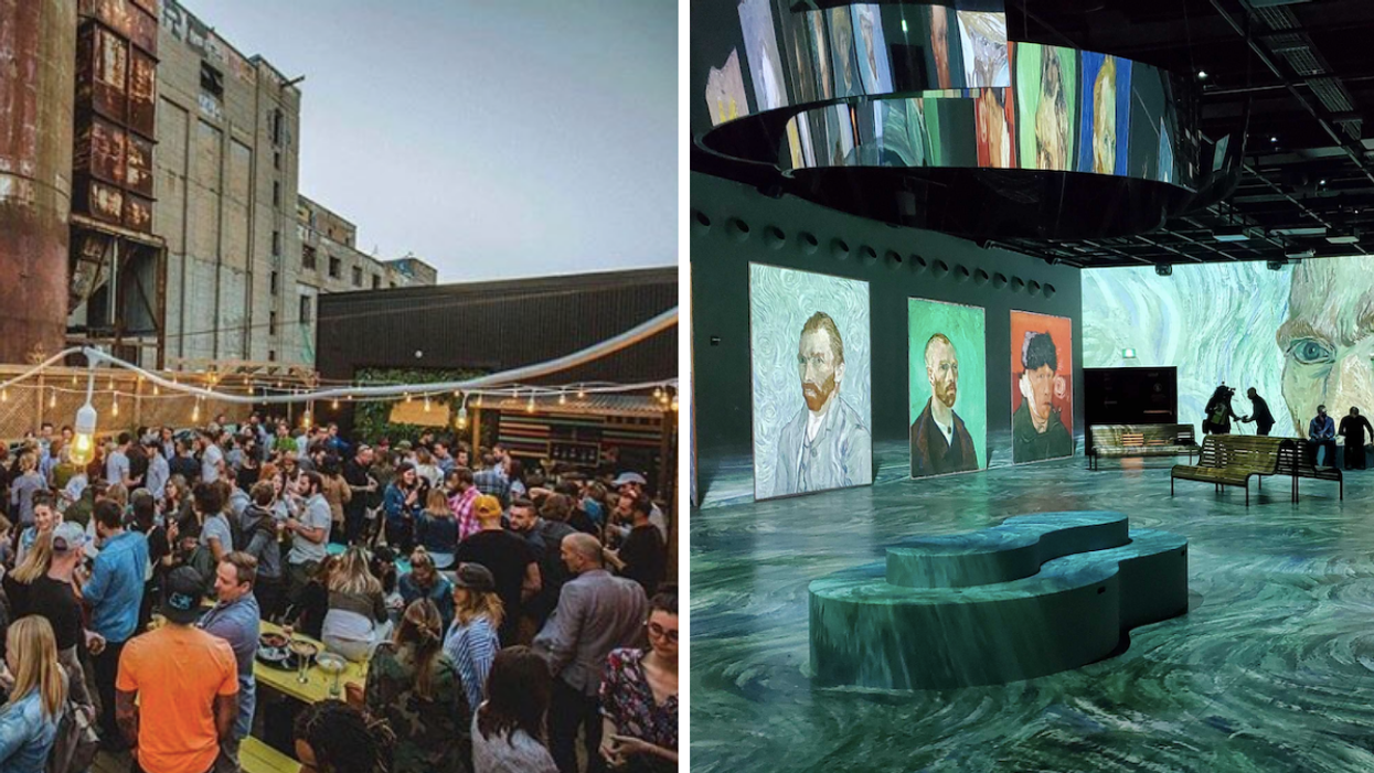 A crowd at Riverside Bar in Montreal, Quebec. Right: Van Gogh Exhibit Oasis Immersion Montreal.