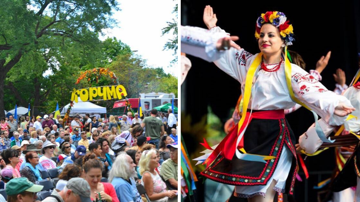 A crowd gathers at last year's Ukrainian Festival. Right, a performer onstage.