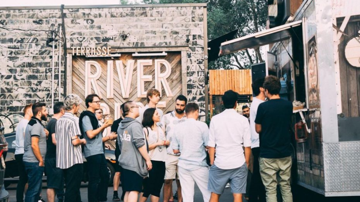 A crowd gathers outside Riverside terrasse in Montreal.