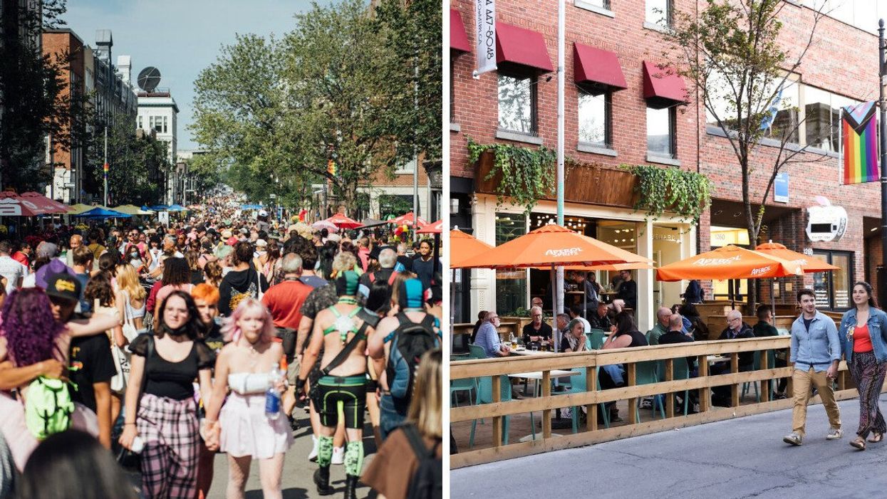 A crowd moves through a pedestrianized rue Sainte-Catherine E. Right: A bar terrasse in the Montreal Village.